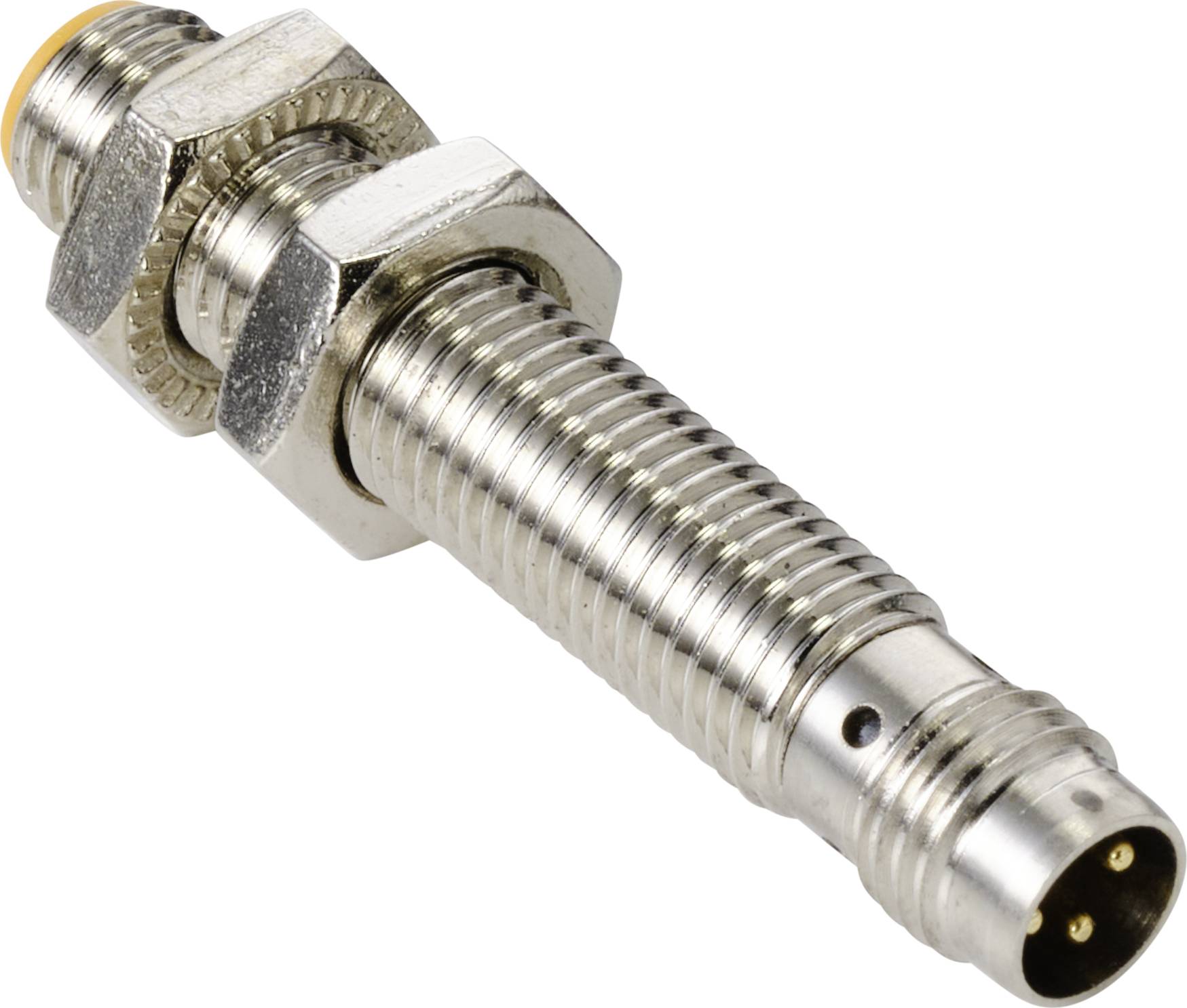 Metalen cilindrische connector met meerdere groeven en een bus aan één uiteinde, geschikt voor industriële toepassingen.
