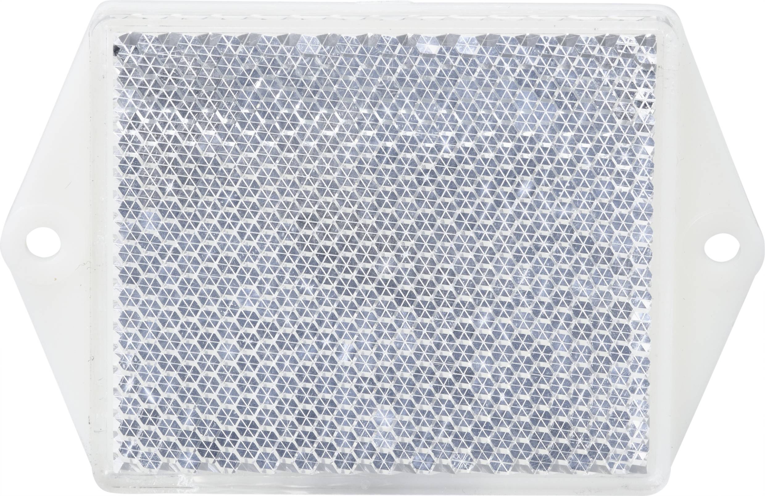 Een rechthoekige, reflecterende kattenaogenspiegel in een wit kunststof frame met zeshoekig patroon.