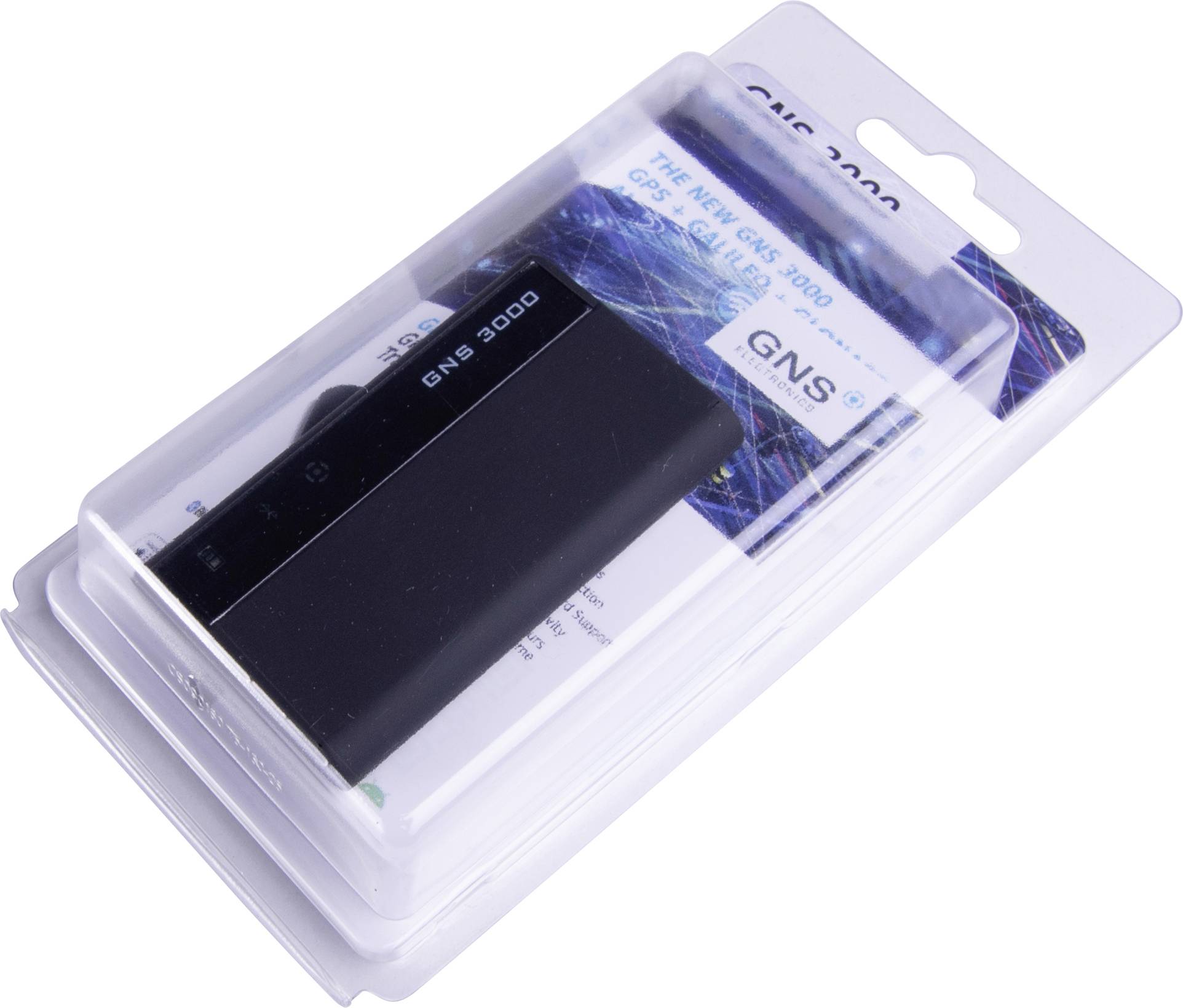Verpakking van een GNS 3000 GPS-ontvanger met een zwart apparaat in een kunststof behuizing en een informatiekaart zichtbaar op de achtergrond.