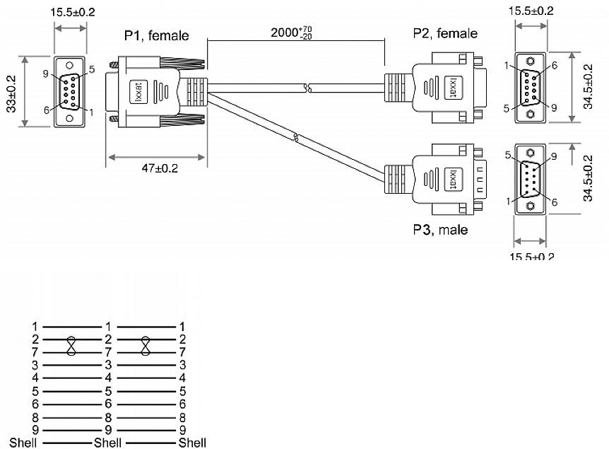 Technische tekening van een aansluitkabel met drie connectoren, waaronder één vrouwelijke en twee mannelijke aansluitingen, inclusief afmetingen.