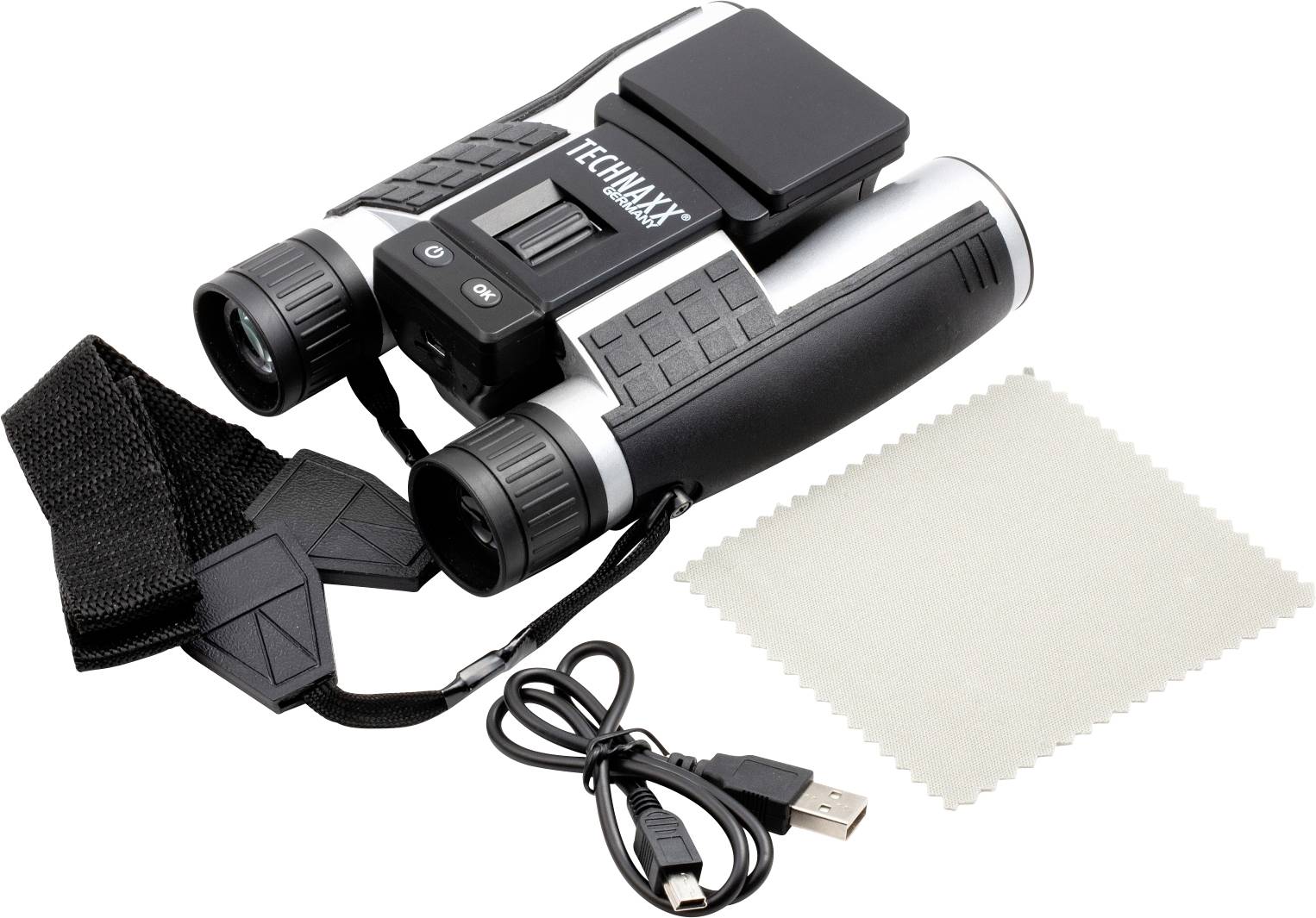 Een verrekijker met geïntegreerde USB-aansluiting en camera. Naast de verrekijker liggen een USB-kabel en een reinigingsdoek.