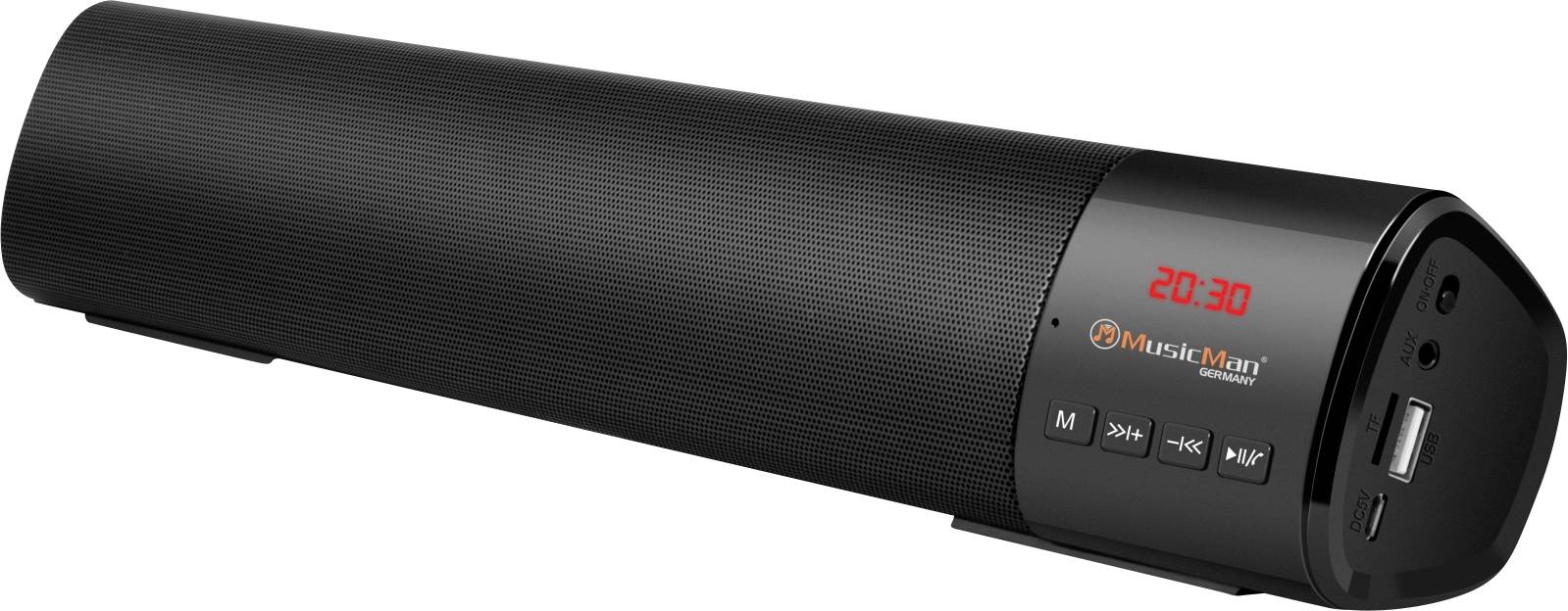 Zwarte Bluetooth-speaker met digitaal display toont '20:30', knoppen voor volume en afspeelbediening, USB-aansluiting.