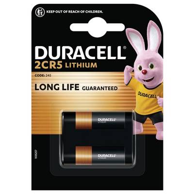 'Twee Duracell lithiumbatterijen in de verpakking met een roze konijn en de tekst: "Gegarandeerd langdurige kracht". Buiten bereik van kinderen bewaren.'