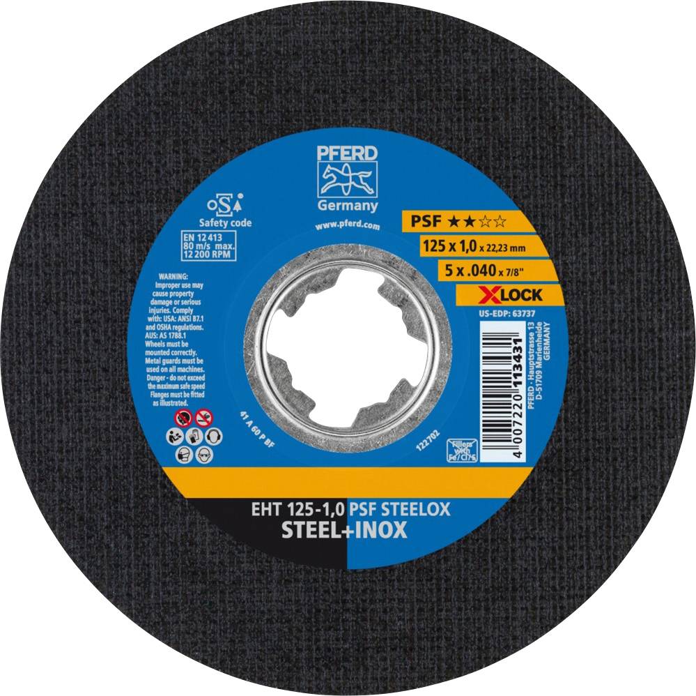 Slijpschijf 'PFERD Duitsland' voor staal en roestvrij staal, diameter 125 mm, dikte 1,0 mm. Veiligheidscode EN 12413, max. 12200 tpm.