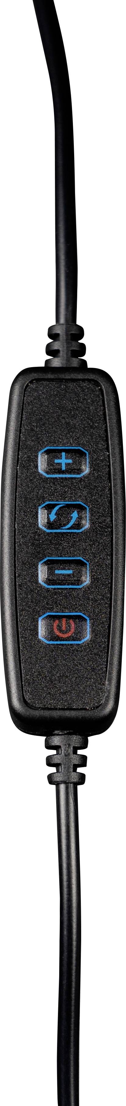 Lange zwarte kabel met afstandsbediening; vier blauwe toetsen: '+', '-', 'Aan/Uit' en 'Timer'; gebruikt voor apparaatbediening.