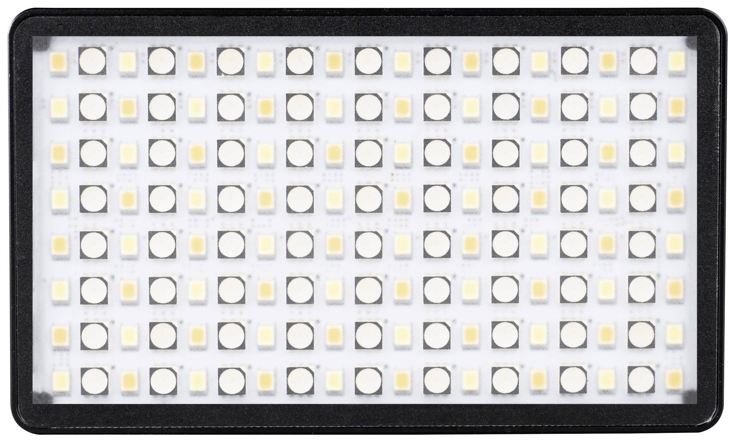 Rechthoekig LED-paneel met gelijkmatig verdeelde lichtgevende dioden in een rasterpatroon.