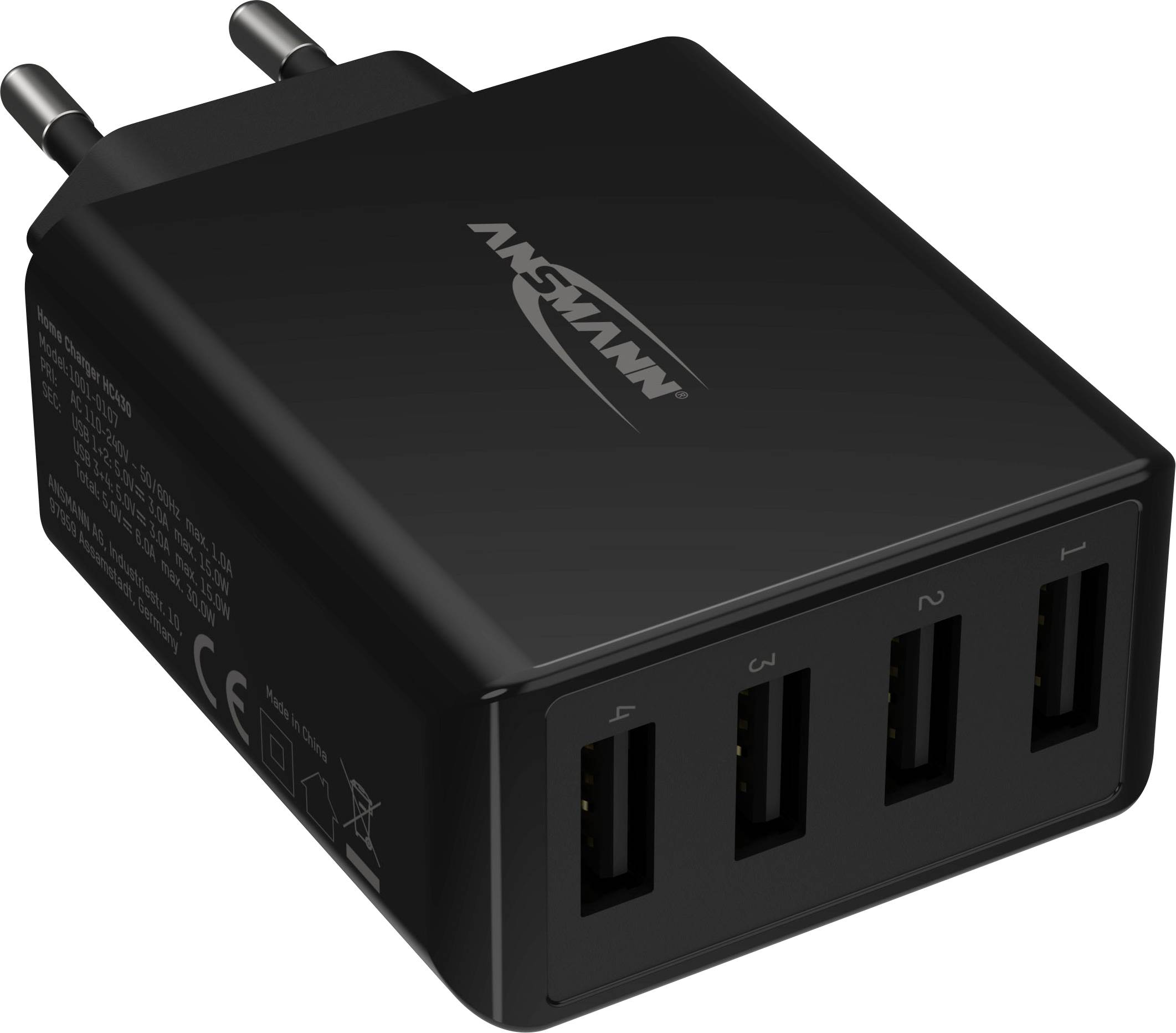 Een zwarte USB-oplader met vier USB-poorten en EU-stekker. Het Ansmann-logo is zichtbaar op de bovenkant.