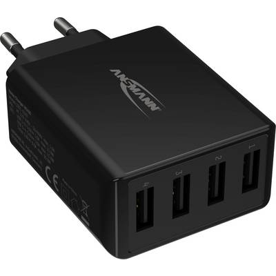 Een zwarte USB-oplader met vier USB-poorten en EU-stekker. Het Ansmann-logo is zichtbaar op de bovenkant.