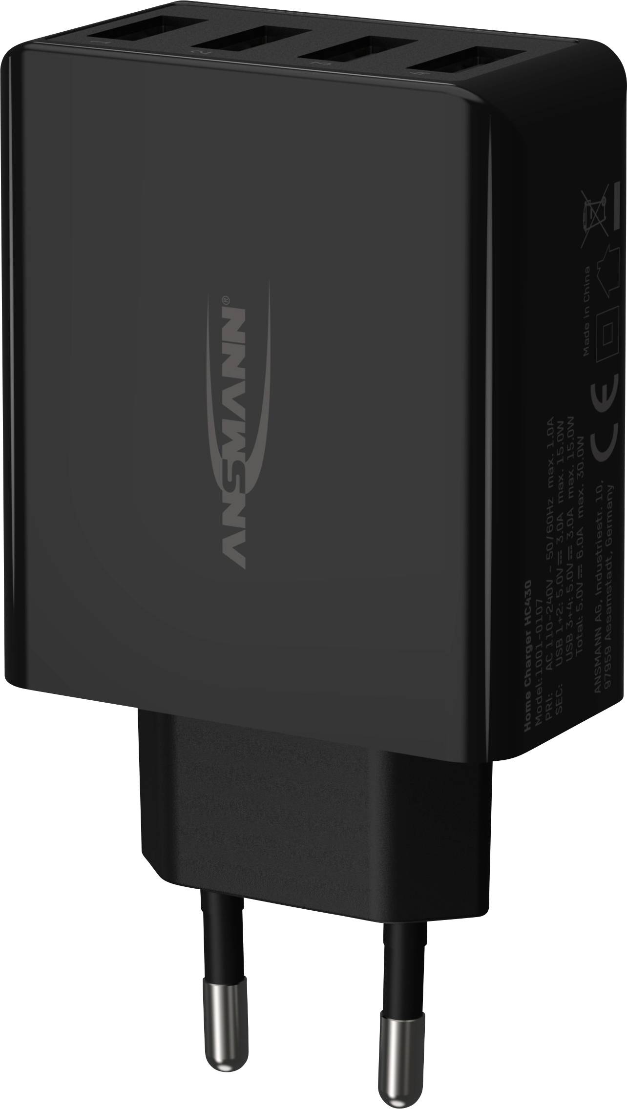 Zwart USB-oplaadstation met vier poorten, stekkertype CEE 7/16. Merknaam 'ANSMANN' op de voorkant.