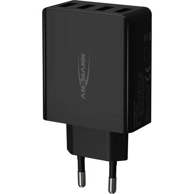 Zwart USB-oplaadstation met vier poorten, stekkertype CEE 7/16. Merknaam 'ANSMANN' op de voorkant.