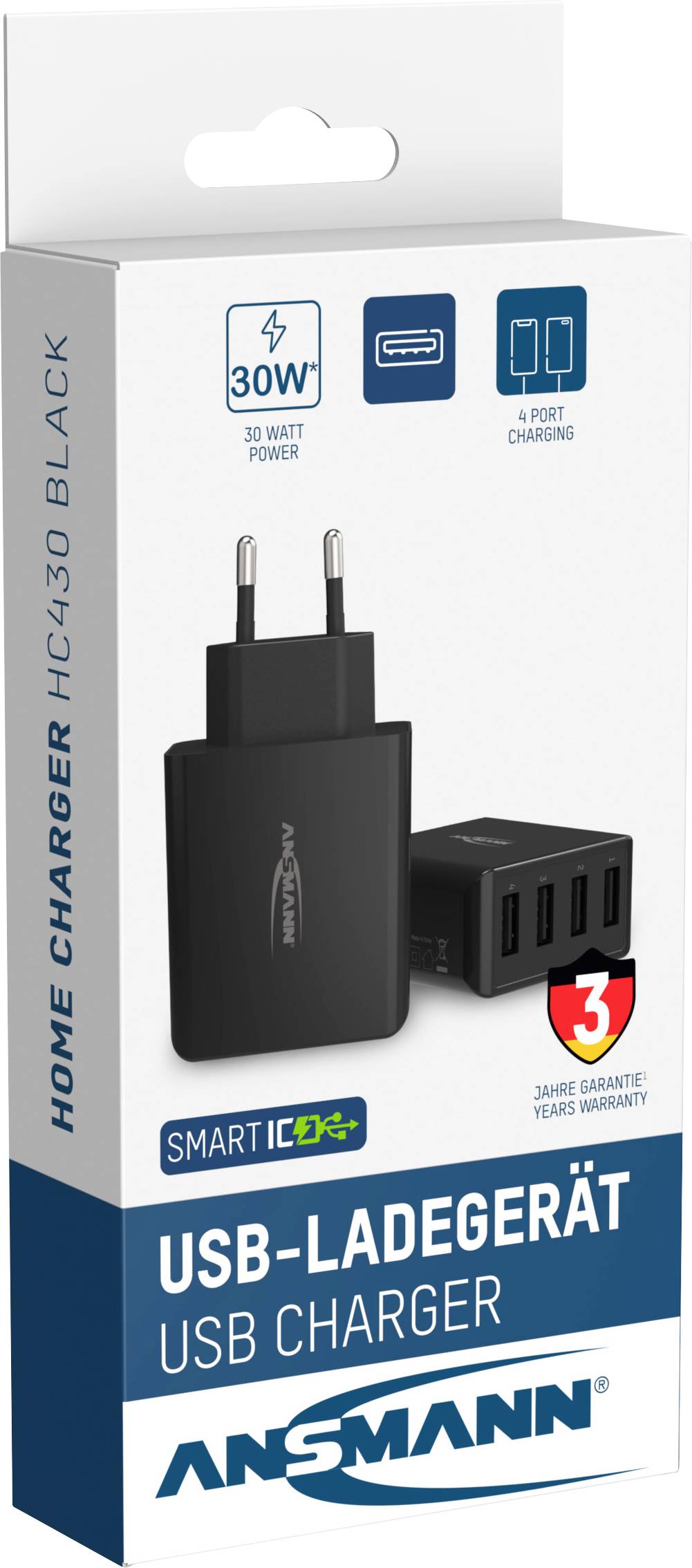 Zwart USB-oplaadstation met vier poorten, 30 Watt vermogen. Verpakking toont productafbeelding en benadrukt driejarige garantie.
