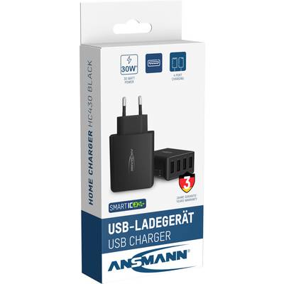 Zwart USB-oplaadstation met vier poorten, 30 Watt vermogen. Verpakking toont productafbeelding en benadrukt driejarige garantie.