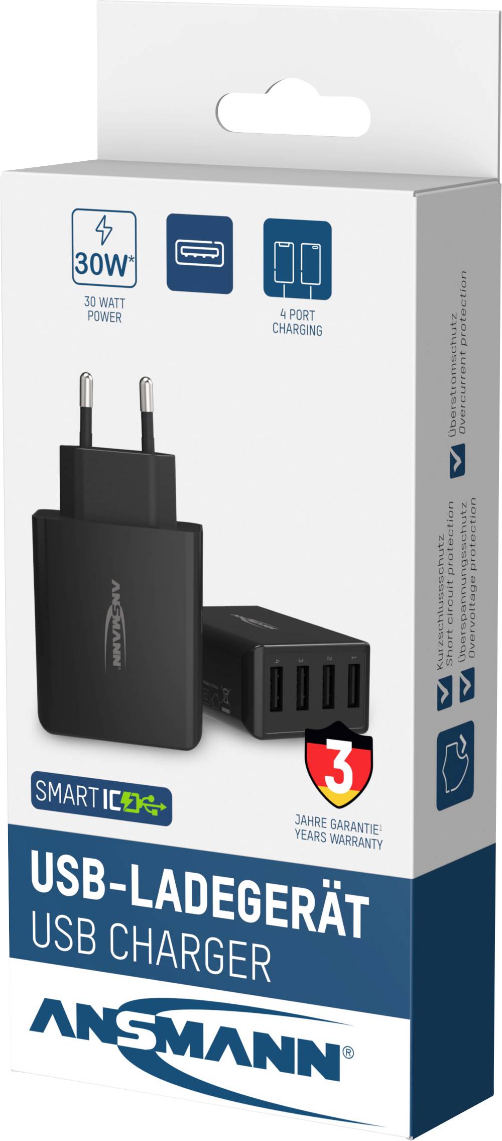 'USB-lader met 4 poorten, 30W, Smart IC+ technologie. Afgebeeld zijn de lader en verpakking met merklogo en 3 jaar garantie.'