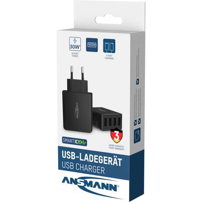 'USB-lader met 4 poorten, 30W, Smart IC+ technologie. Afgebeeld zijn de lader en verpakking met merklogo en 3 jaar garantie.'