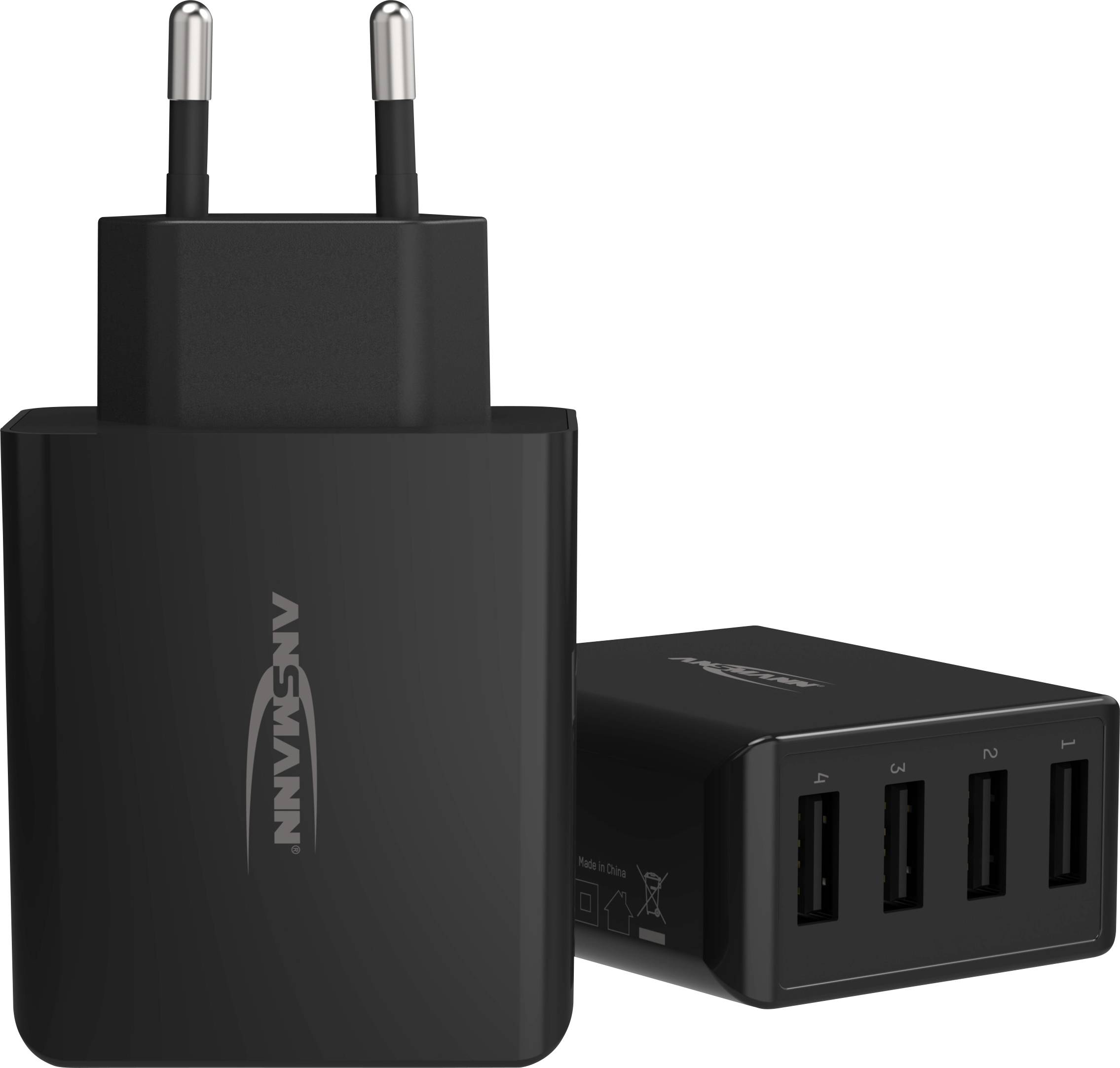 Zwart USB-oplader met vier oplaadpoorten en Europese stekker, met het merklogo 'ANSMANN' bedrukt.