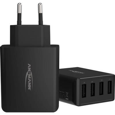 Zwart USB-oplader met vier oplaadpoorten en Europese stekker, met het merklogo 'ANSMANN' bedrukt.