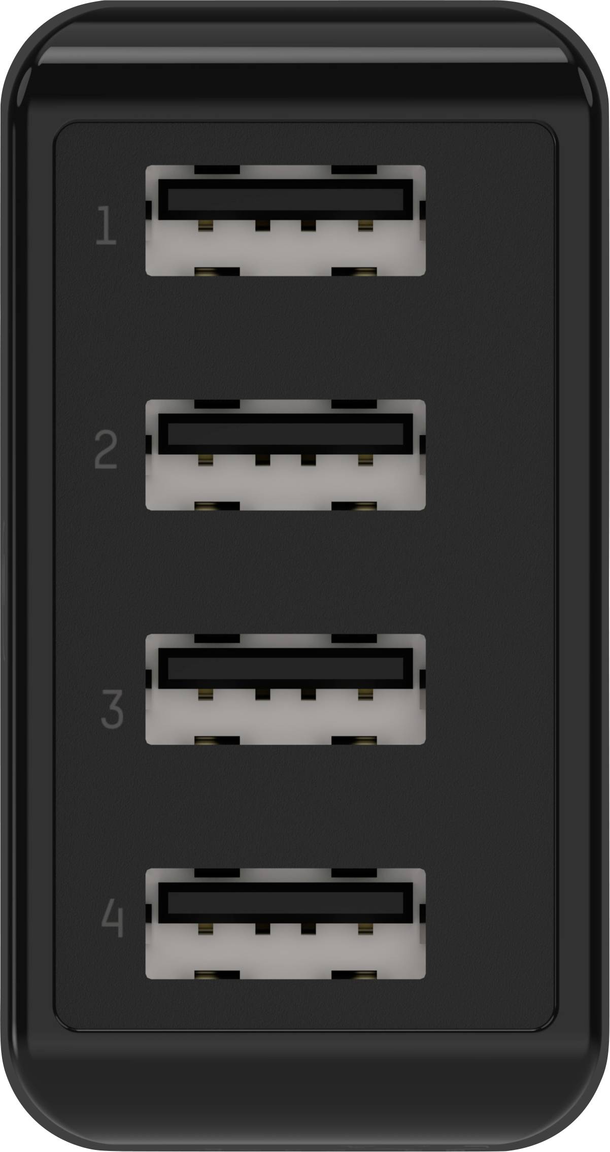 'USB-hub met vier poorten, genummerd van 1 tot 4, in een rechthokkige zwarte behuizing. Geschikt voor meerdere USB-aansluitingen.'
