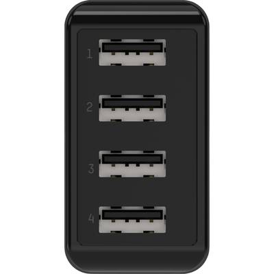 'USB-hub met vier poorten, genummerd van 1 tot 4, in een rechthokkige zwarte behuizing. Geschikt voor meerdere USB-aansluitingen.'