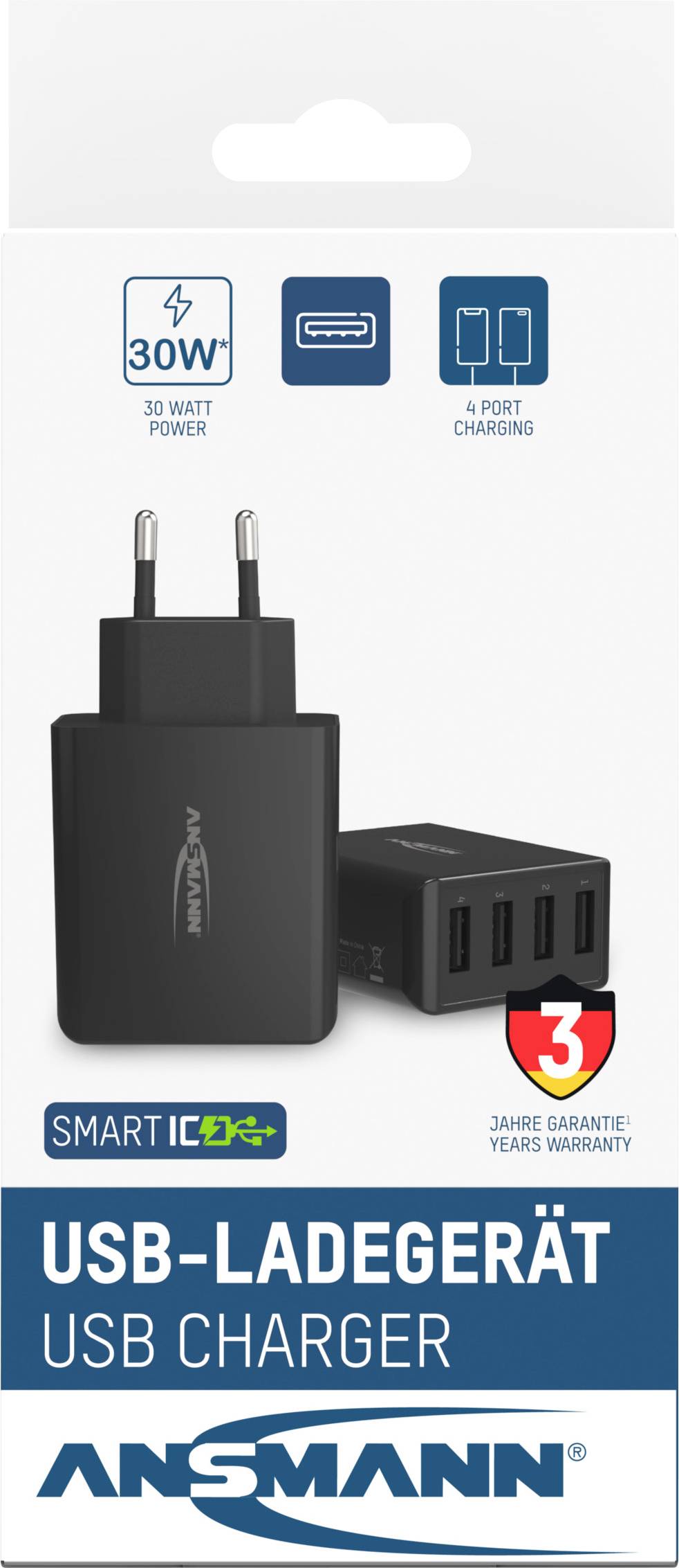 Zwart USB-oplaadapparaat met vier aansluitingen, 30W vermogen, '3 jaar garantie'-symbool, verpakking met opschrift 'SMART IC'.