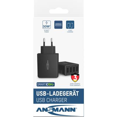 Zwart USB-oplaadapparaat met vier aansluitingen, 30W vermogen, '3 jaar garantie'-symbool, verpakking met opschrift 'SMART IC'.