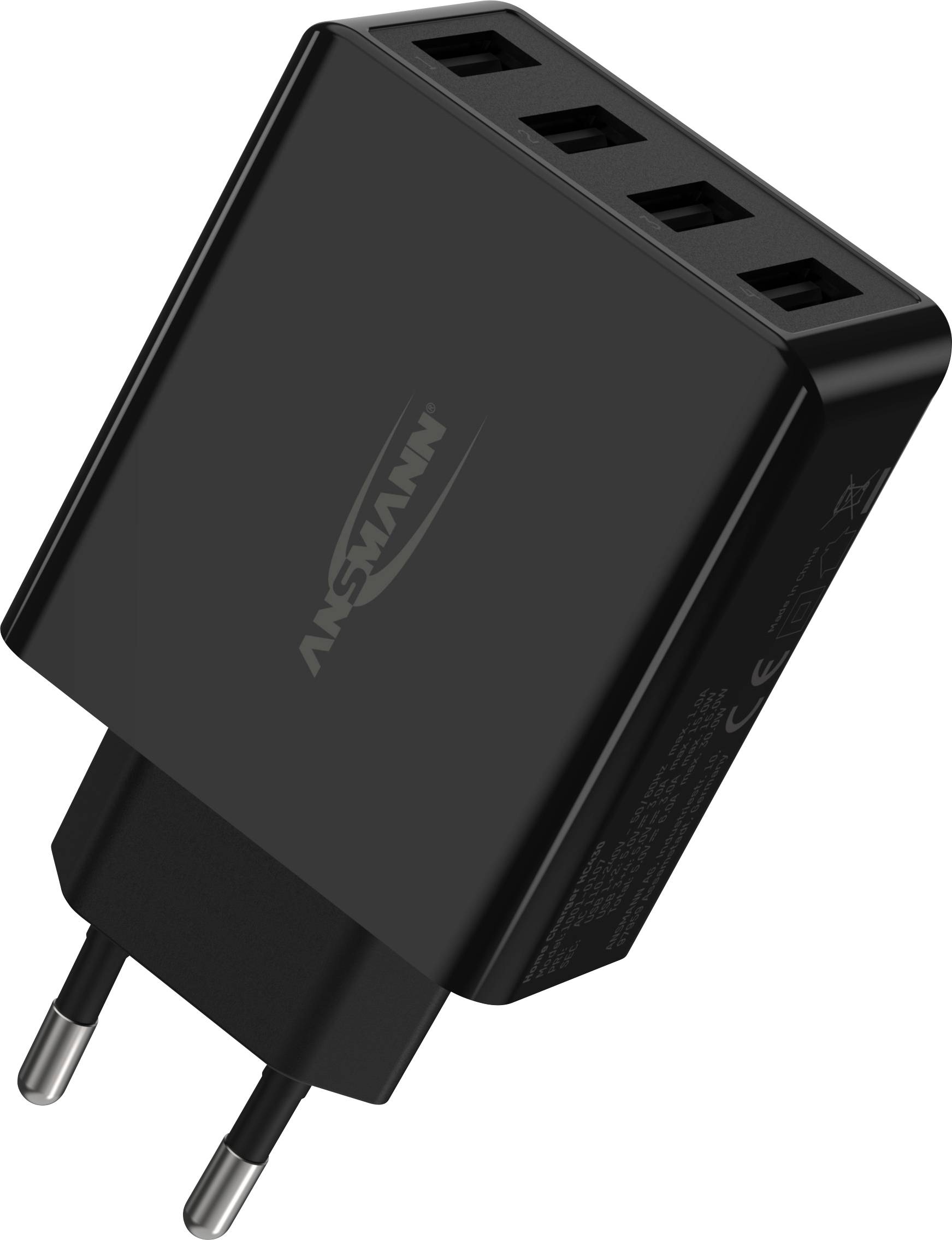 Zwart USB-oplader met vier poorten, geschikt voor EU-stopcontacten.