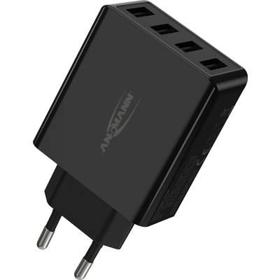Zwart USB-oplader met vier poorten, geschikt voor EU-stopcontacten.