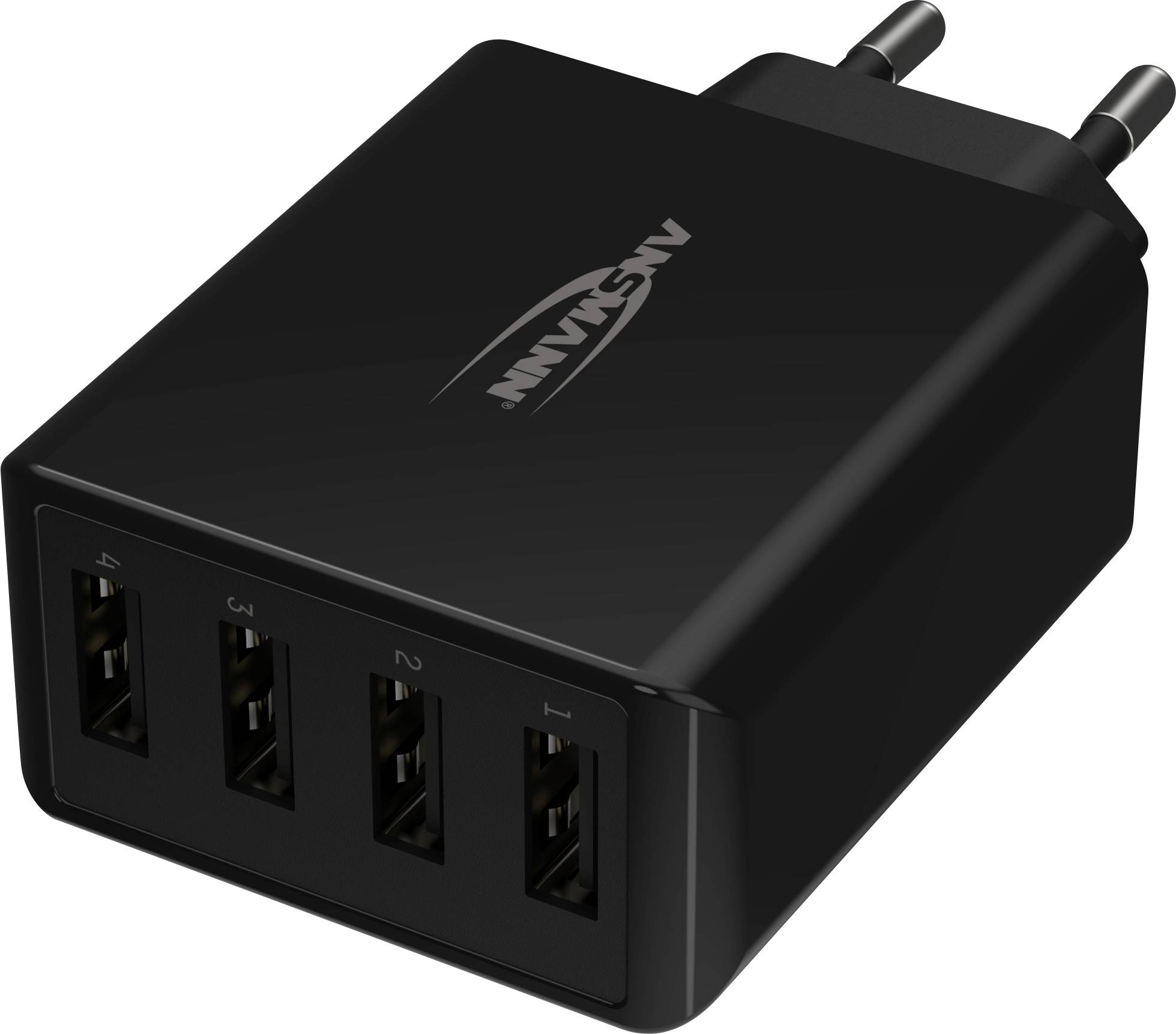 Zwart USB-oplader met vier USB-poorten en een EU-stekker.
