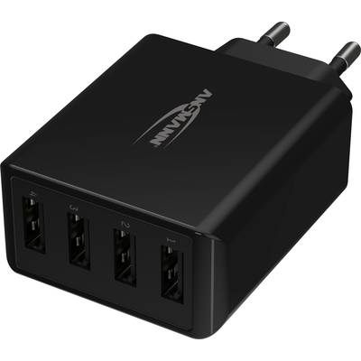Zwart USB-oplader met vier USB-poorten en een EU-stekker.