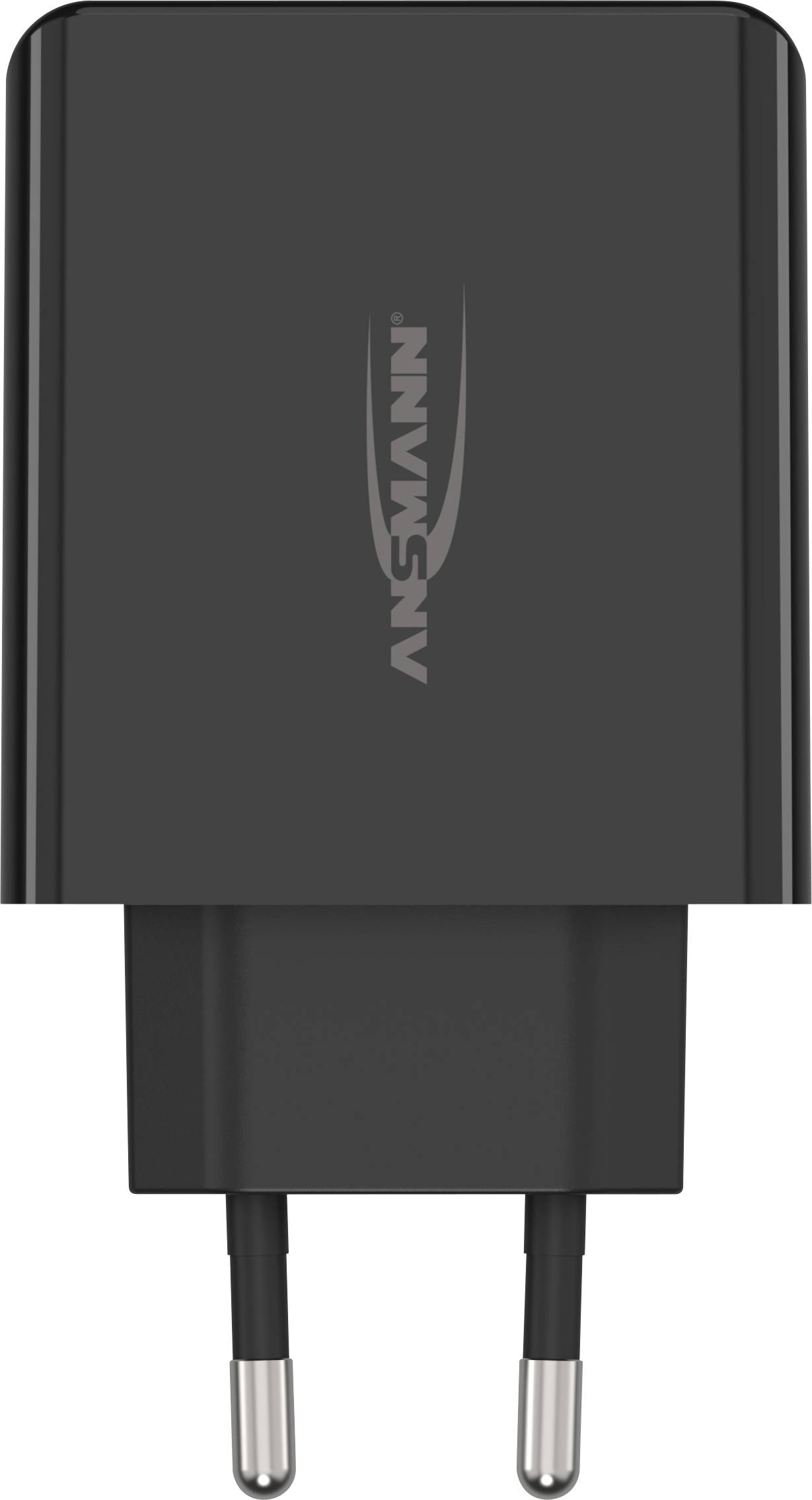 Een zwarte USB-lader met twee ronde stekkers, verticaal gepositioneerd.