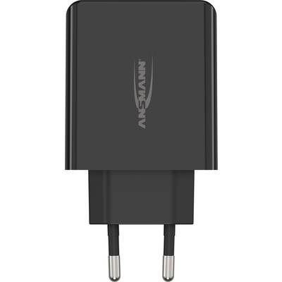 Een zwarte USB-lader met twee ronde stekkers, verticaal gepositioneerd.