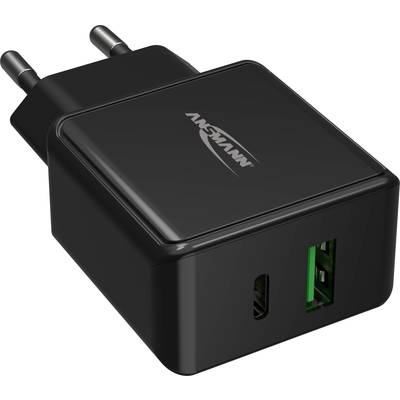 Zwart USB-oplader met twee aansluitingen: één USB-C en één USB-aansluiting.