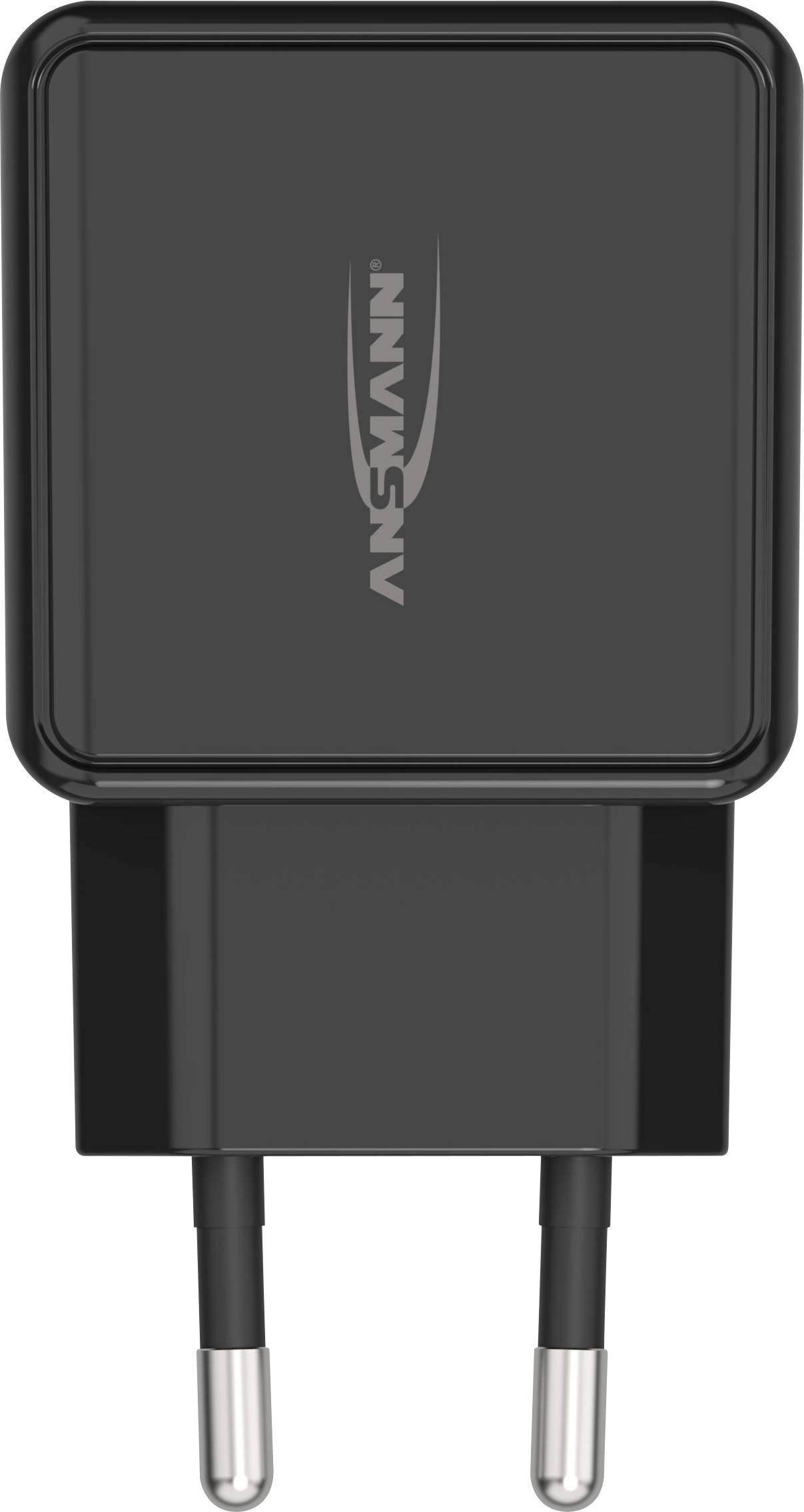 Een zwarte USB-oplader met twee ronde stekkers, gemarkeerd met 'ANSMANN'.