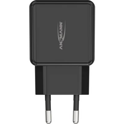 Een zwarte USB-oplader met twee ronde stekkers, gemarkeerd met 'ANSMANN'.