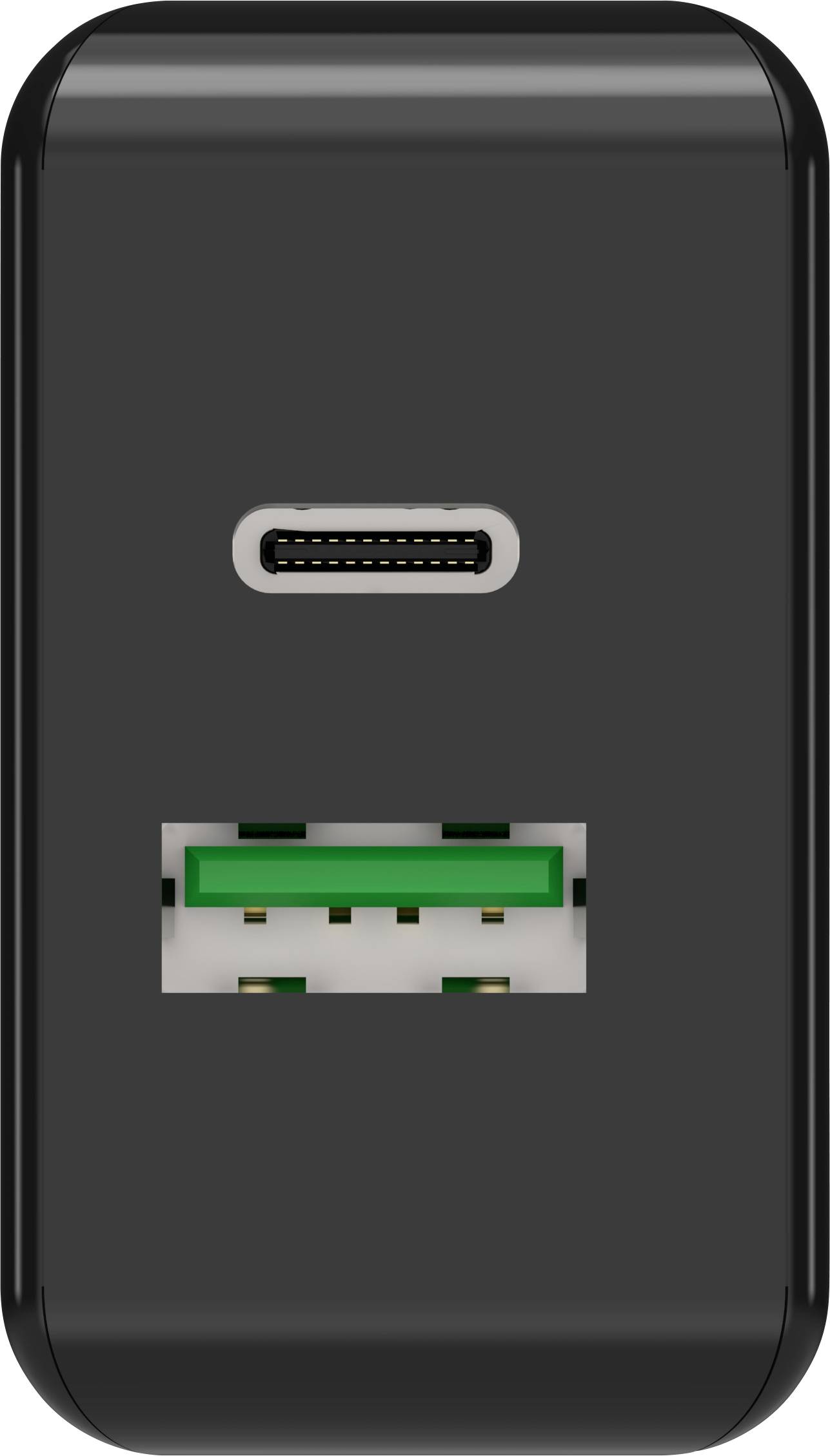 Een zwart oplaadapparaat met zowel een USB-C- als een USB-A-poort.