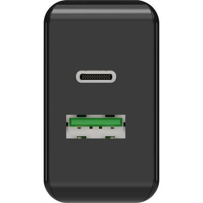 Een zwart oplaadapparaat met zowel een USB-C- als een USB-A-poort.