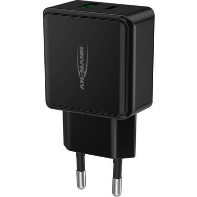 Een zwart USB-oplader met twee poorten, geschikt voor Europese stopcontacten, afgebeeld onder een licht schuine hoek.