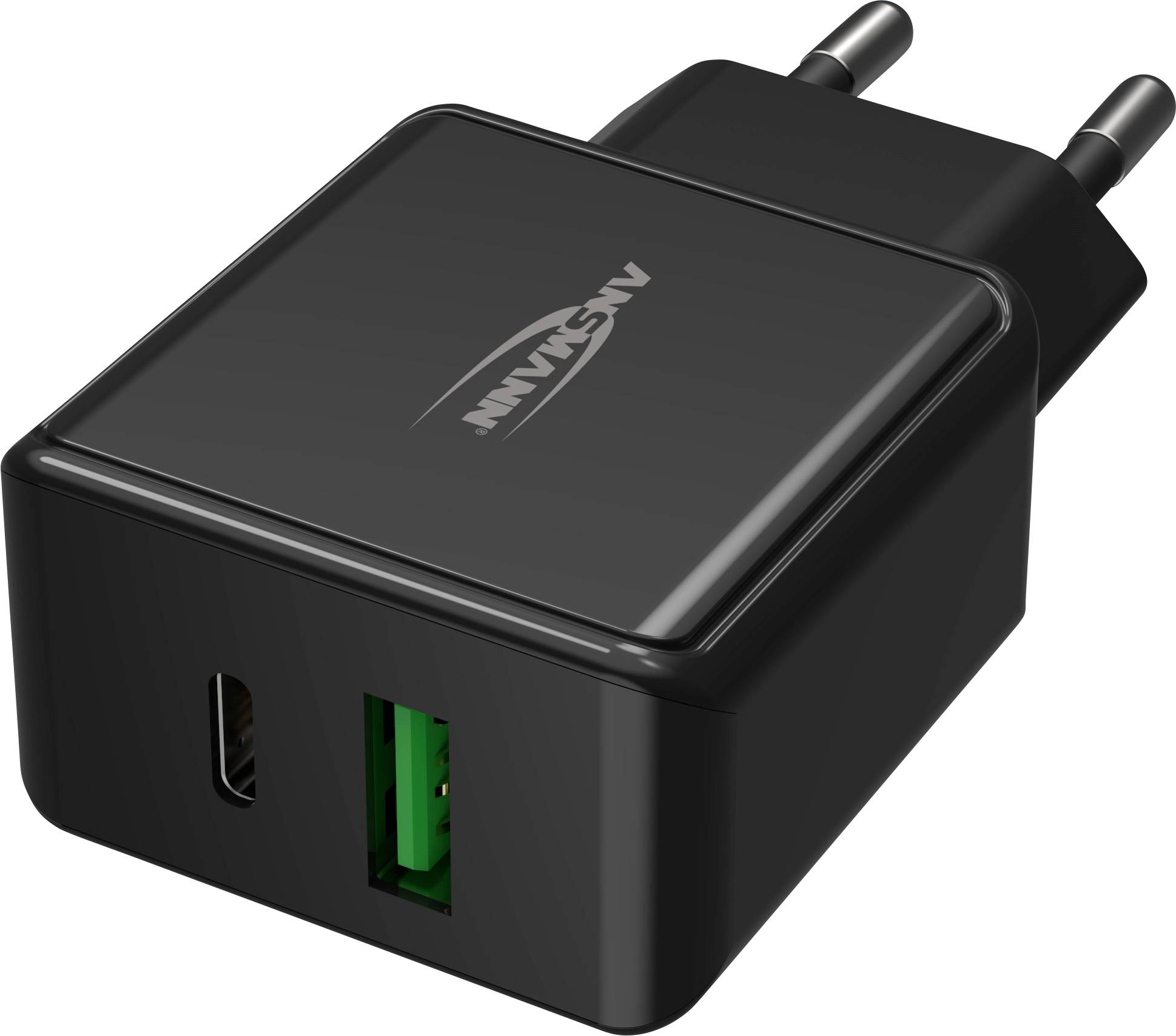 Een zwarte oplader met twee USB-poorten, een standaard en een Type-C, geschikt voor Europese stopcontacten.