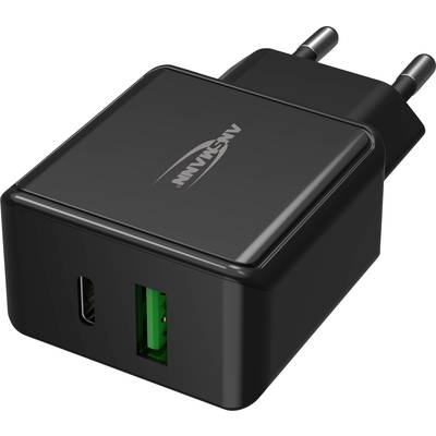 Een zwarte oplader met twee USB-poorten, een standaard en een Type-C, geschikt voor Europese stopcontacten.