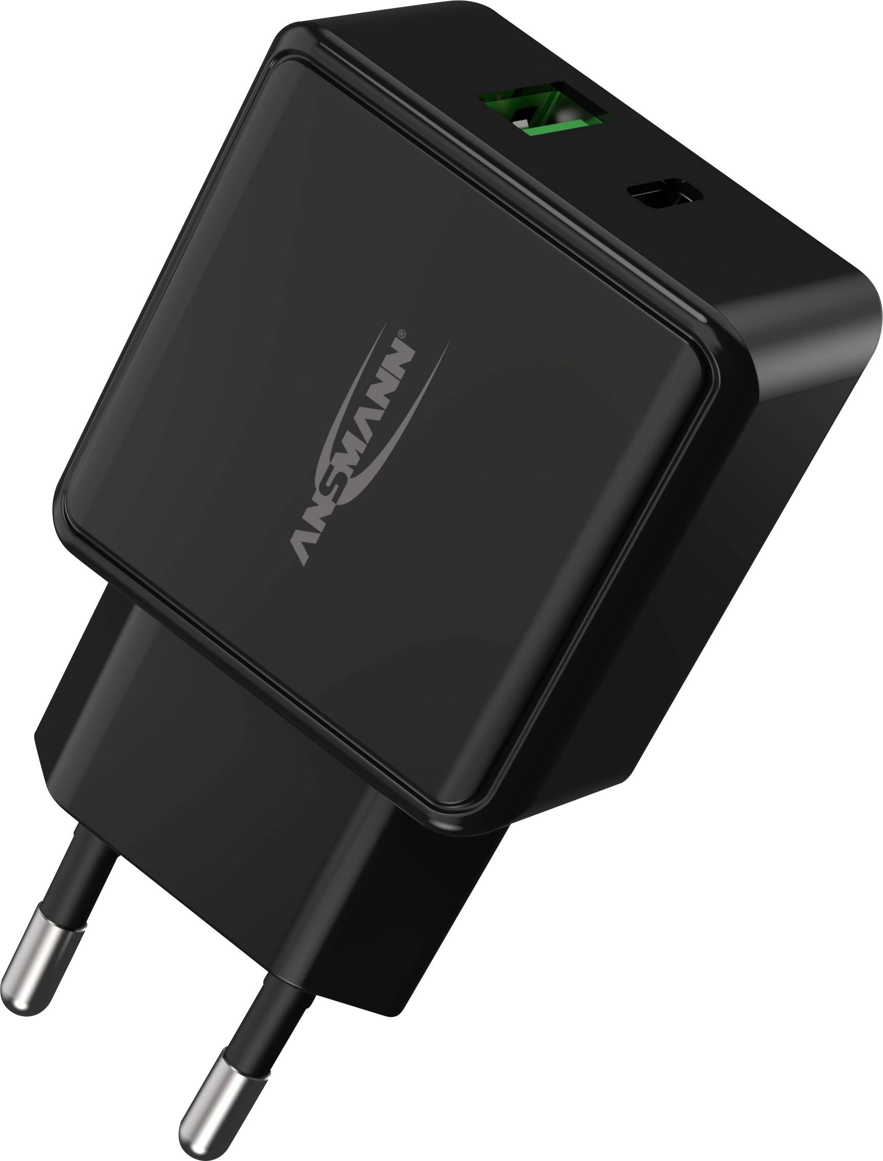 Zwart USB-oplader met twee stekkerpennen en een USB-poort in groene kleur, zonder zichtbare merk- of modelspecificaties.