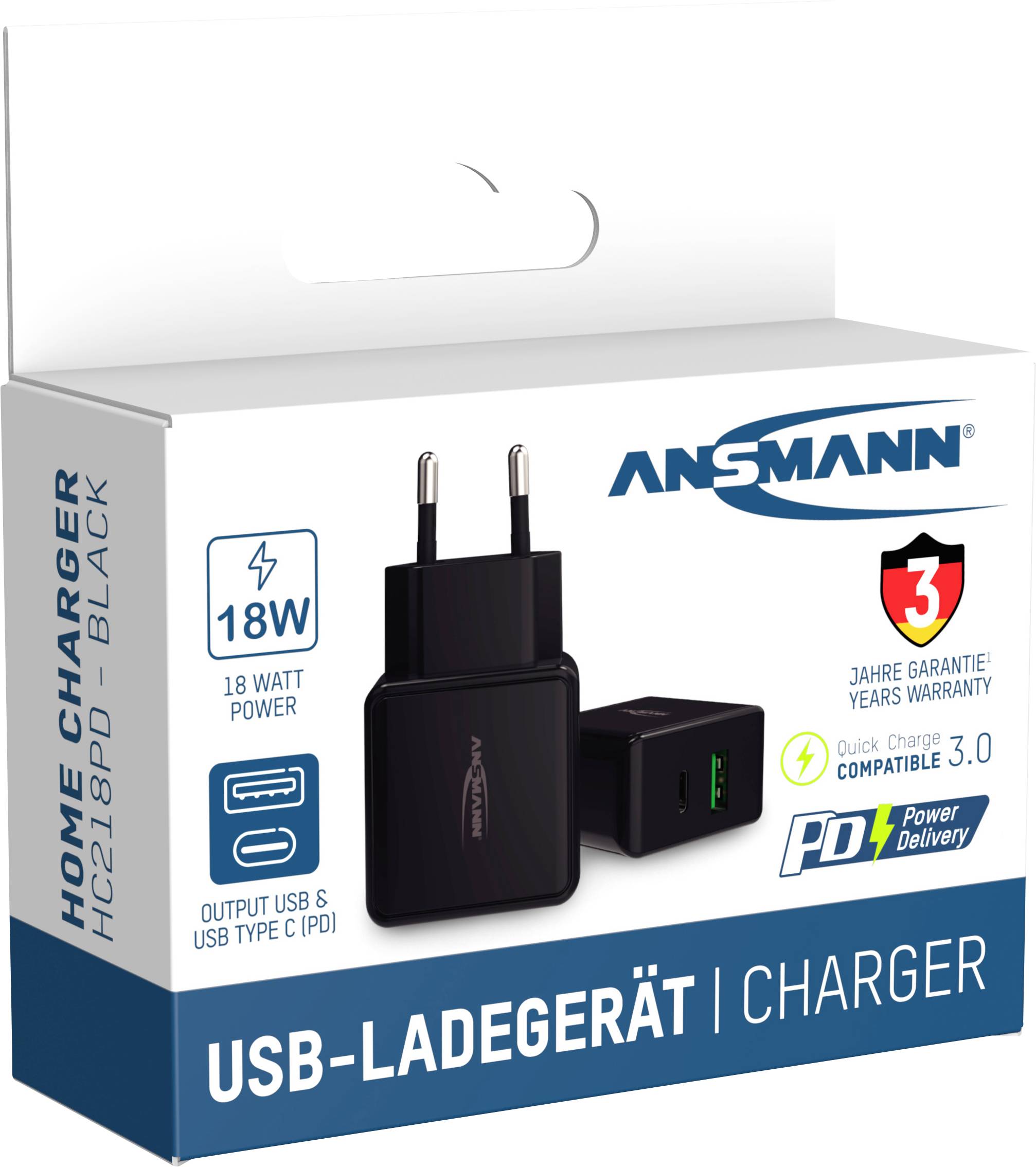 Een zwarte USB-oplader van het merk Ansmann met Quick Charge 3.0 en Power Delivery, 18W vermogen, afgebeeld op de verpakking.