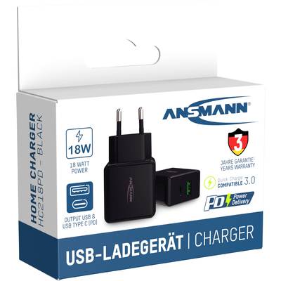 Een zwarte USB-oplader van het merk Ansmann met Quick Charge 3.0 en Power Delivery, 18W vermogen, afgebeeld op de verpakking.