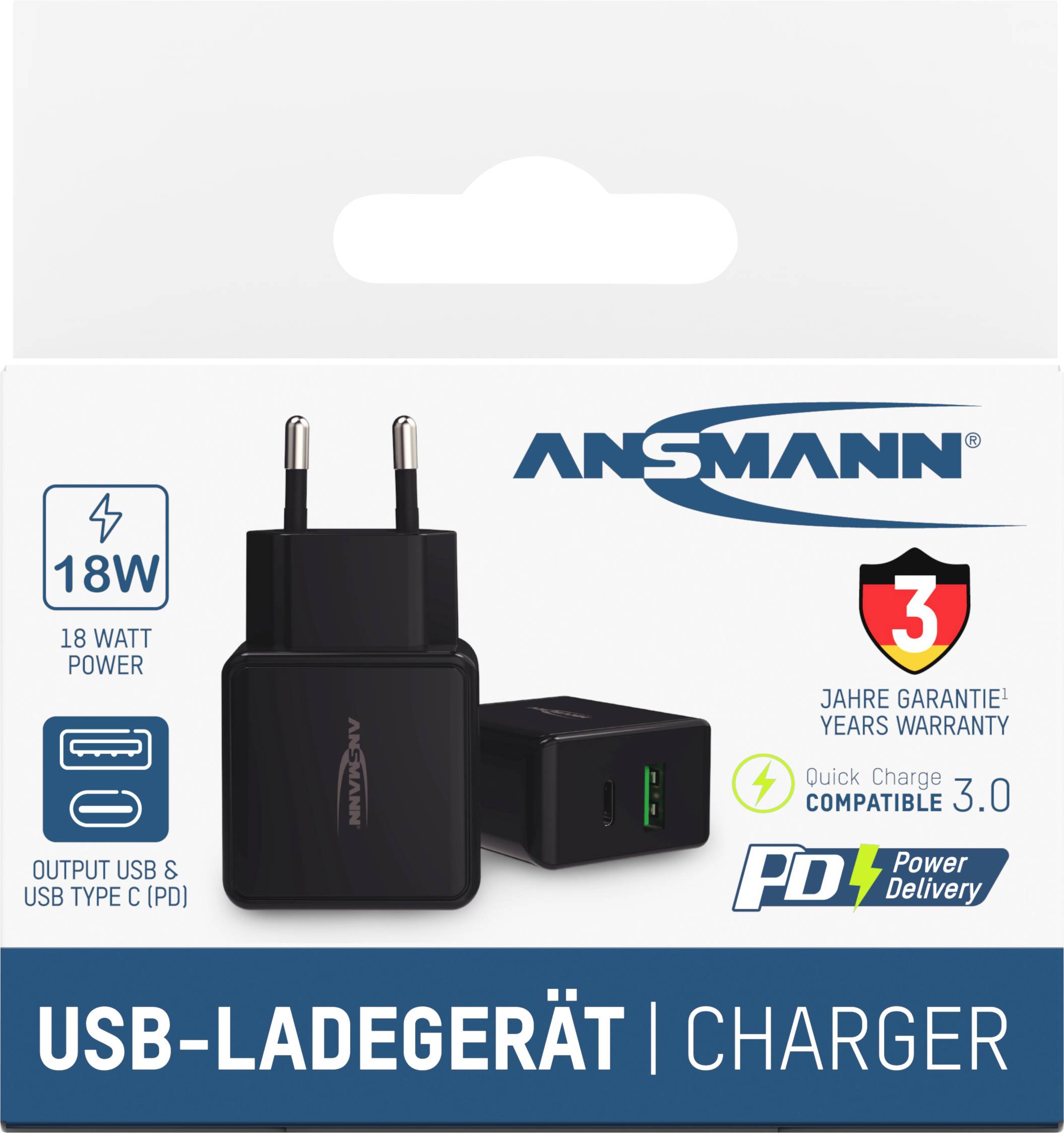 USB-lader, 18 W vermogen, compatibel met Quick Charge 3.0 en Power Delivery. Garantieperiode: 3 jaar.
