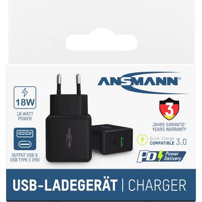 USB-lader, 18 W vermogen, compatibel met Quick Charge 3.0 en Power Delivery. Garantieperiode: 3 jaar.
