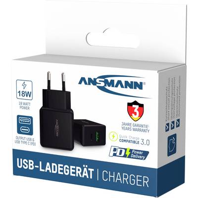 'USB-oplader met 18 watt vermogen en Power Delivery, inclusief 3 jaar garantie. Compatibel met Quick Charge 3.0.'