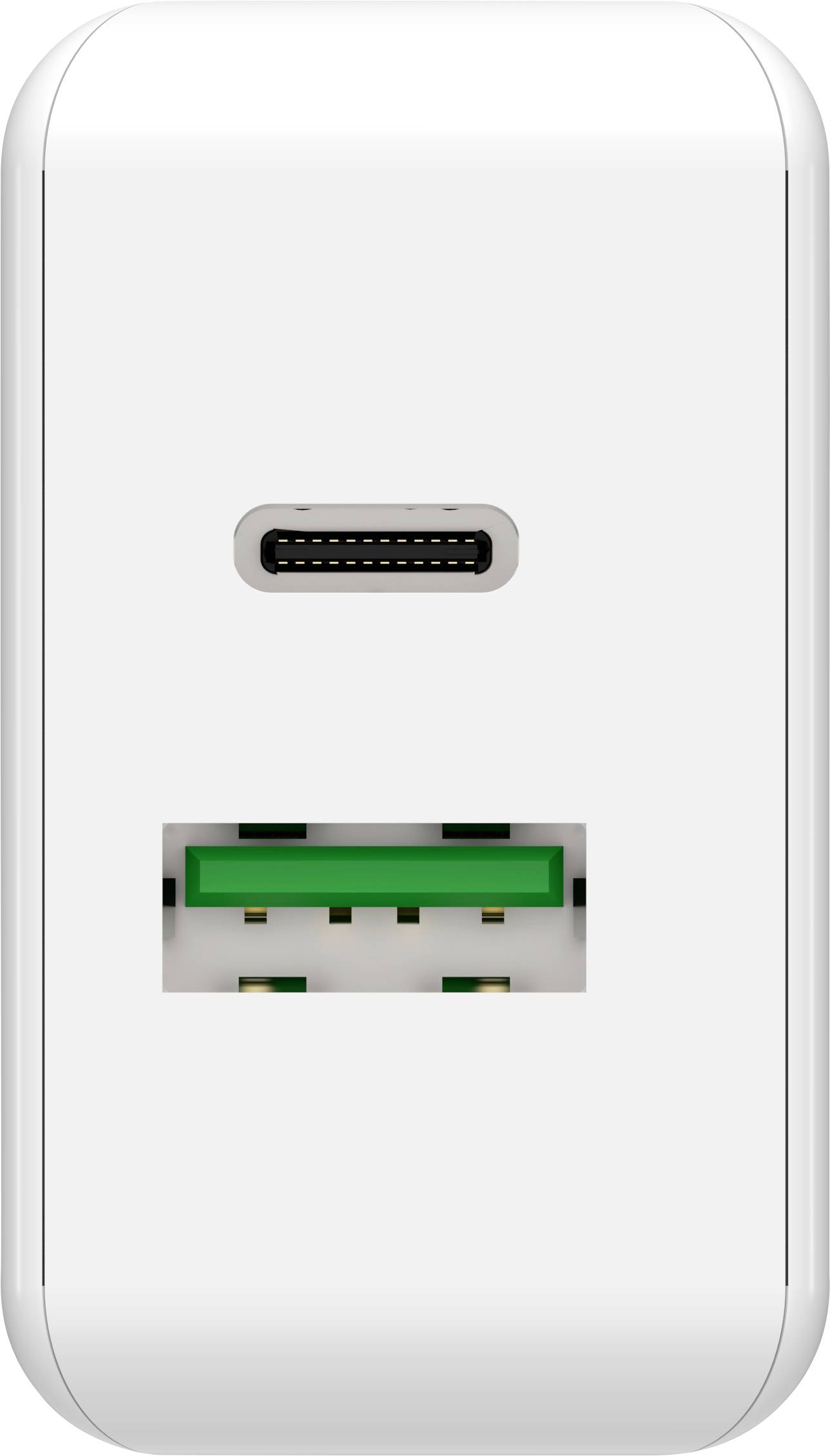 Een wit oplaadapparaat met bovenaan een USB-C-aansluiting en onderaan een USB-A-aansluiting.