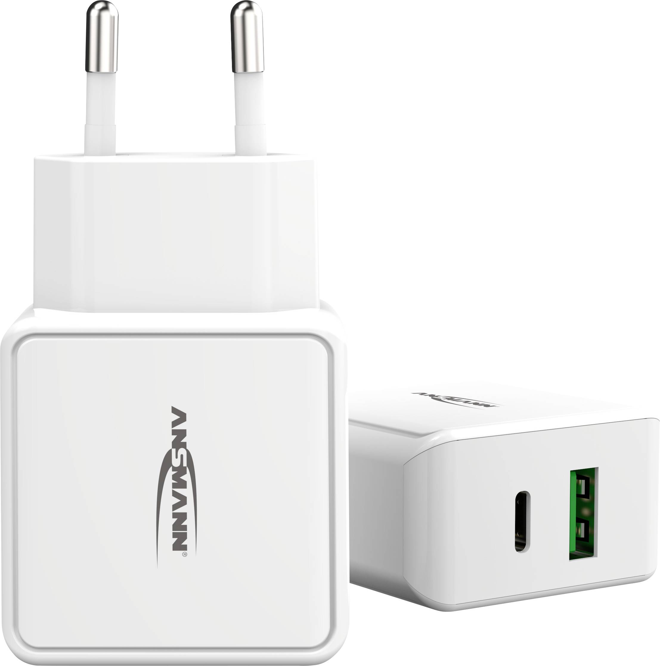 Een wit USB-oplader met twee aansluitingen: een USB-A- en een USB-C-aansluiting. Ideaal voor het opladen van mobiele apparaten.