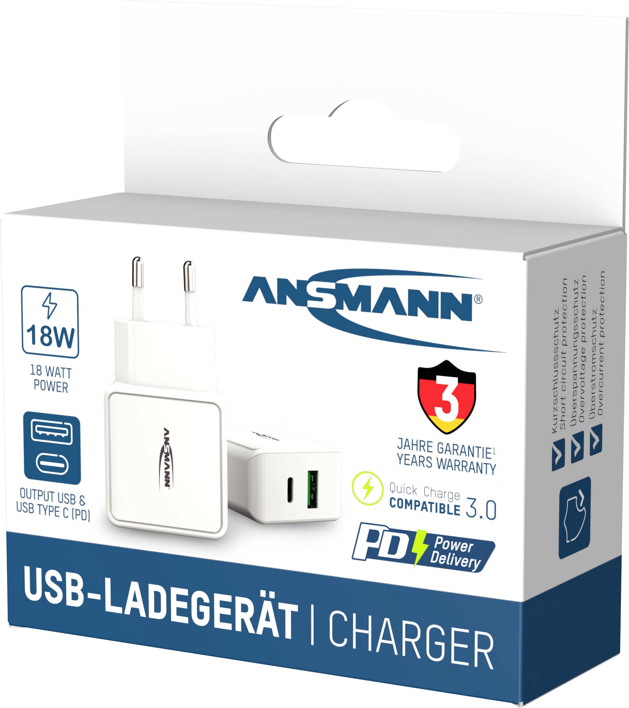 'USB-oplader met 18 Watt vermogen, snelladen compatibel met PD en QC 3.0, 3 jaar garantie, aansluitingen: USB-C en USB.'