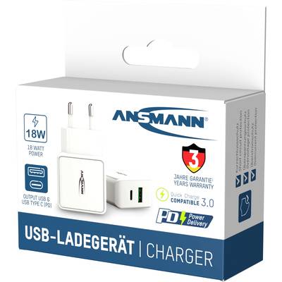 'USB-oplader met 18 Watt vermogen, snelladen compatibel met PD en QC 3.0, 3 jaar garantie, aansluitingen: USB-C en USB.'