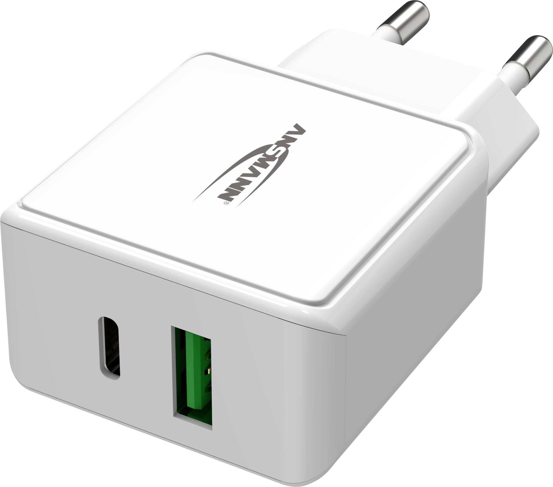 Een wit USB-oplader met twee aansluitingen, USB-C en USB-A, geschikt voor het snel opladen van elektronische apparaten.