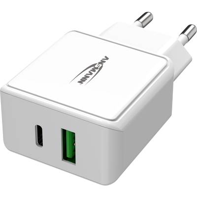 Een wit USB-oplader met twee aansluitingen, USB-C en USB-A, geschikt voor het snel opladen van elektronische apparaten.